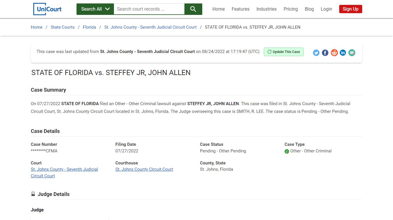 STATE OF FLORIDA vs STEFFEY JR, JOHN ALLEN | Court Records - UniCourt